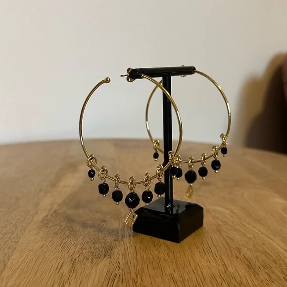 Fendi Gold Hoop Earrings with Black Bead Charms - Picture 4 of 7